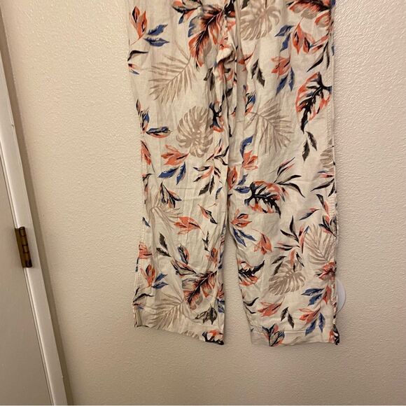 Briggs tropical floral print wide leg Linen pants palazzo tan coastal beach M - Picture 4 of 11